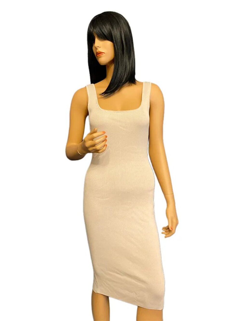Guess Beige Ribbed Knit Square Neck Midi Dress